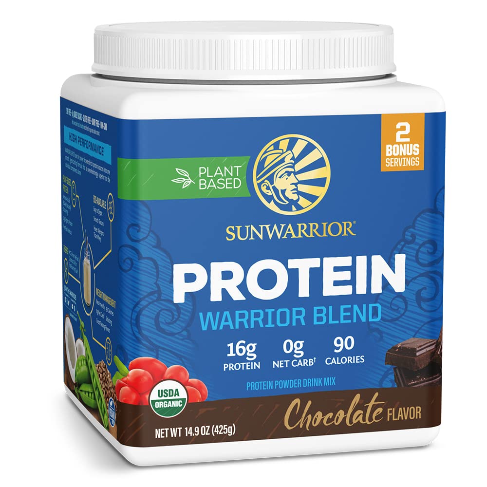 Sunwarrior Warrior Blend chocolate powder tub for plant-based protein after workouts.