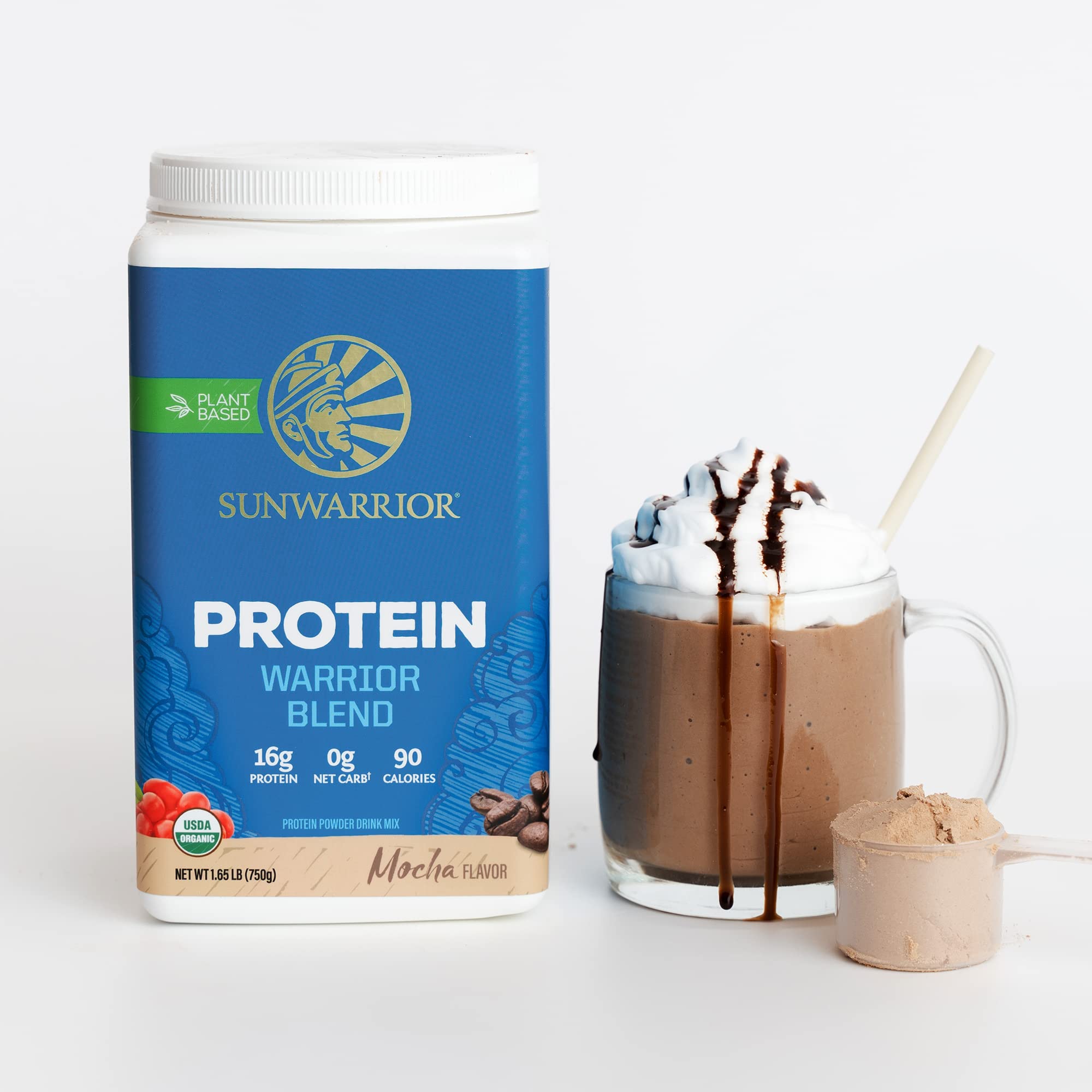Sunwarrior Warrior Blend organic label signals gluten-free and vegan formulation.