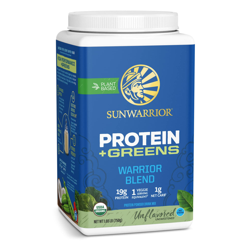 Sunwarrior Warrior Blend bottle for convenient greens protein during workouts