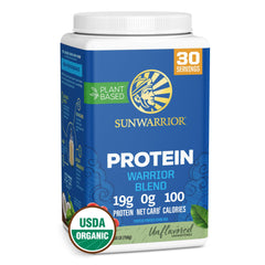 Sunwarrior Warrior Blend unflavored protein powder in a 750 g tub for versatile nutrition