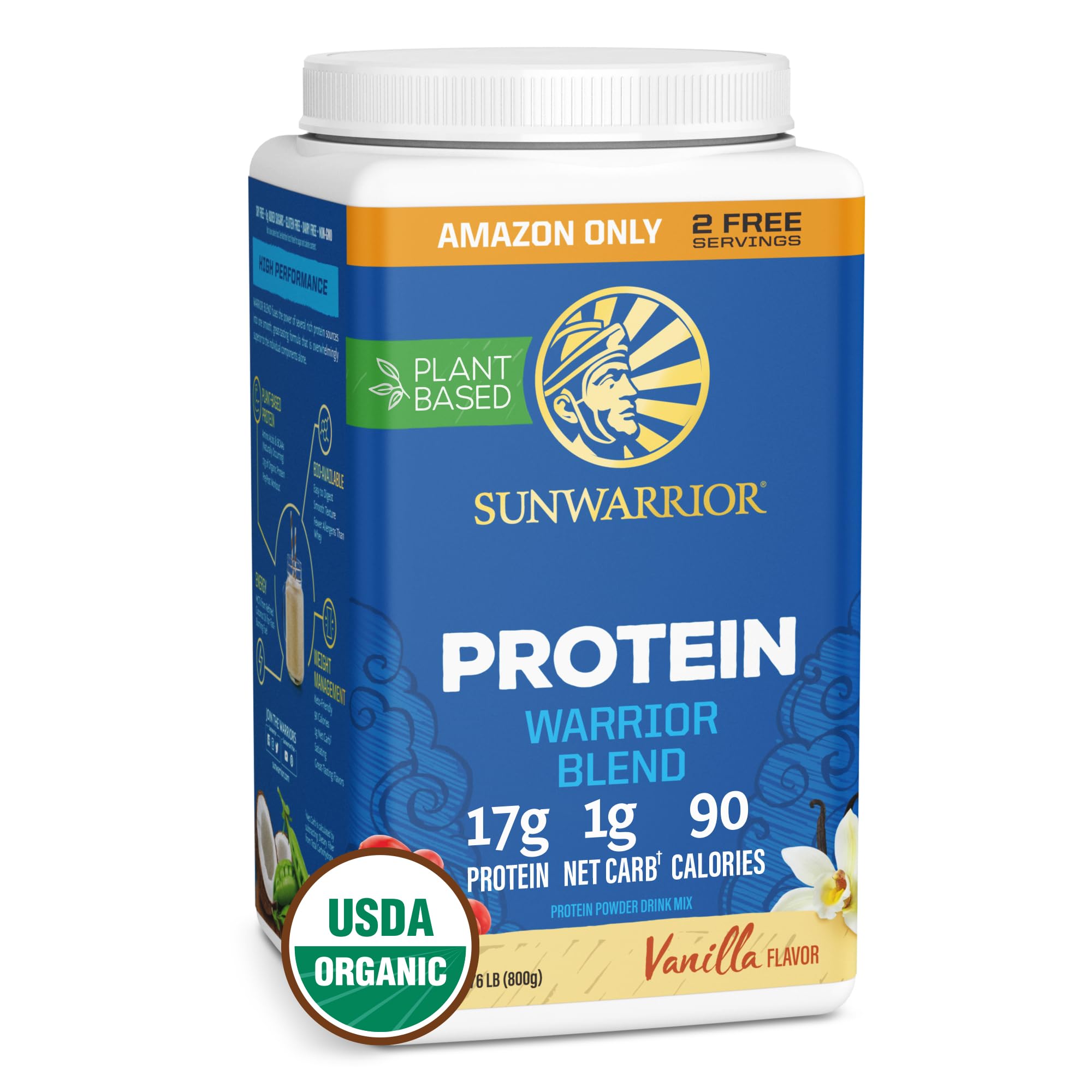 Sunwarrior Warrior Blend vanilla tub showing plant-based protein for daily training support