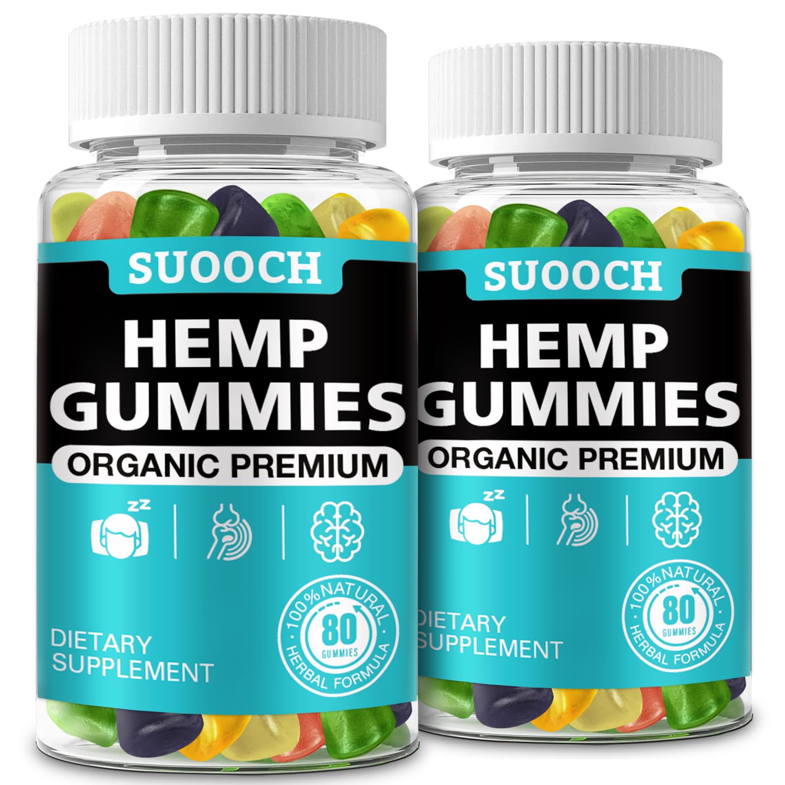 SUOOCH natural hemp gummies bottle close-up showing premium formula for daily balance