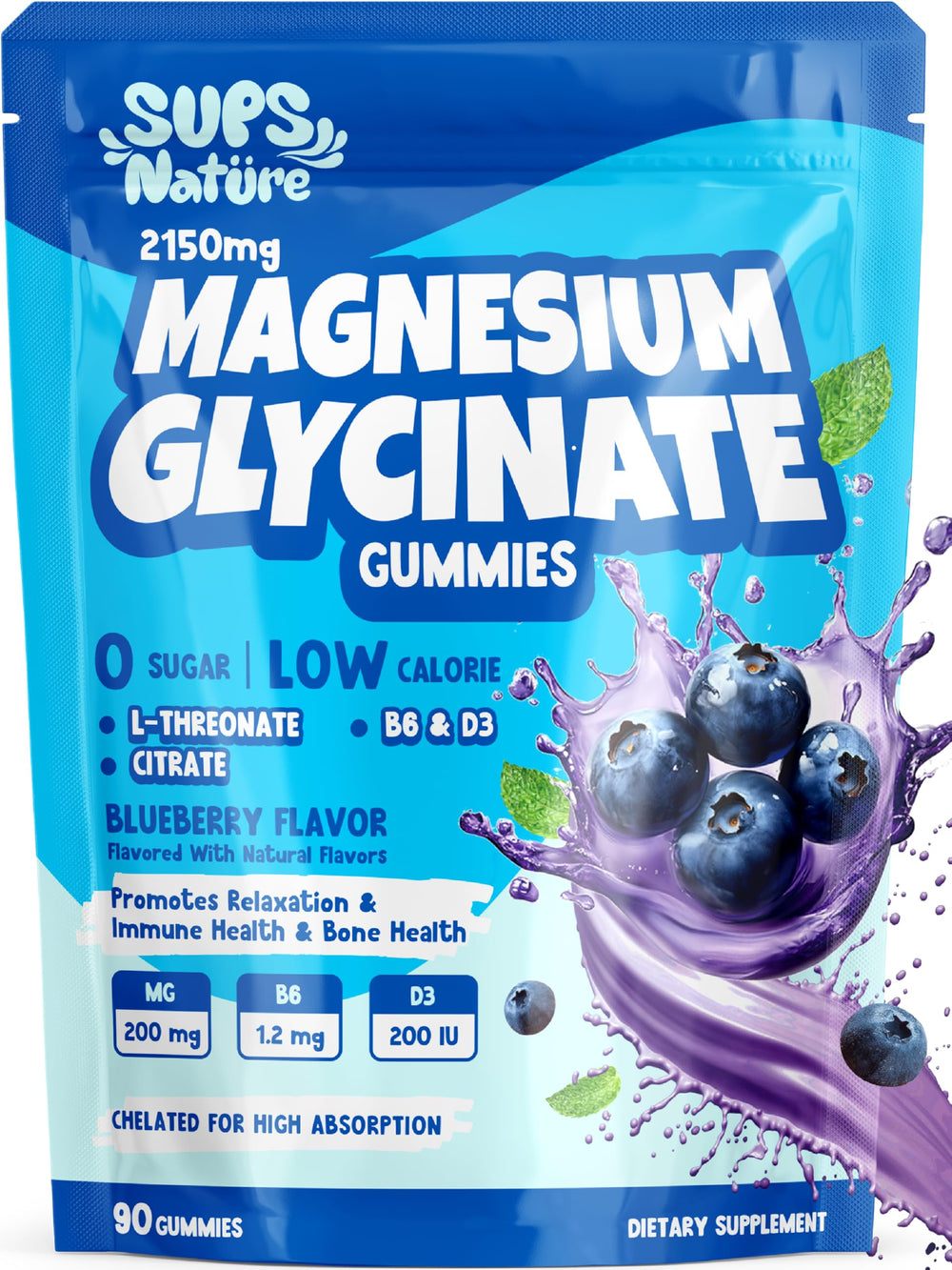 Sups Nature Magnesium Glycinate Gummies blueberry bottle demonstrates a tasty daily option for relaxation.