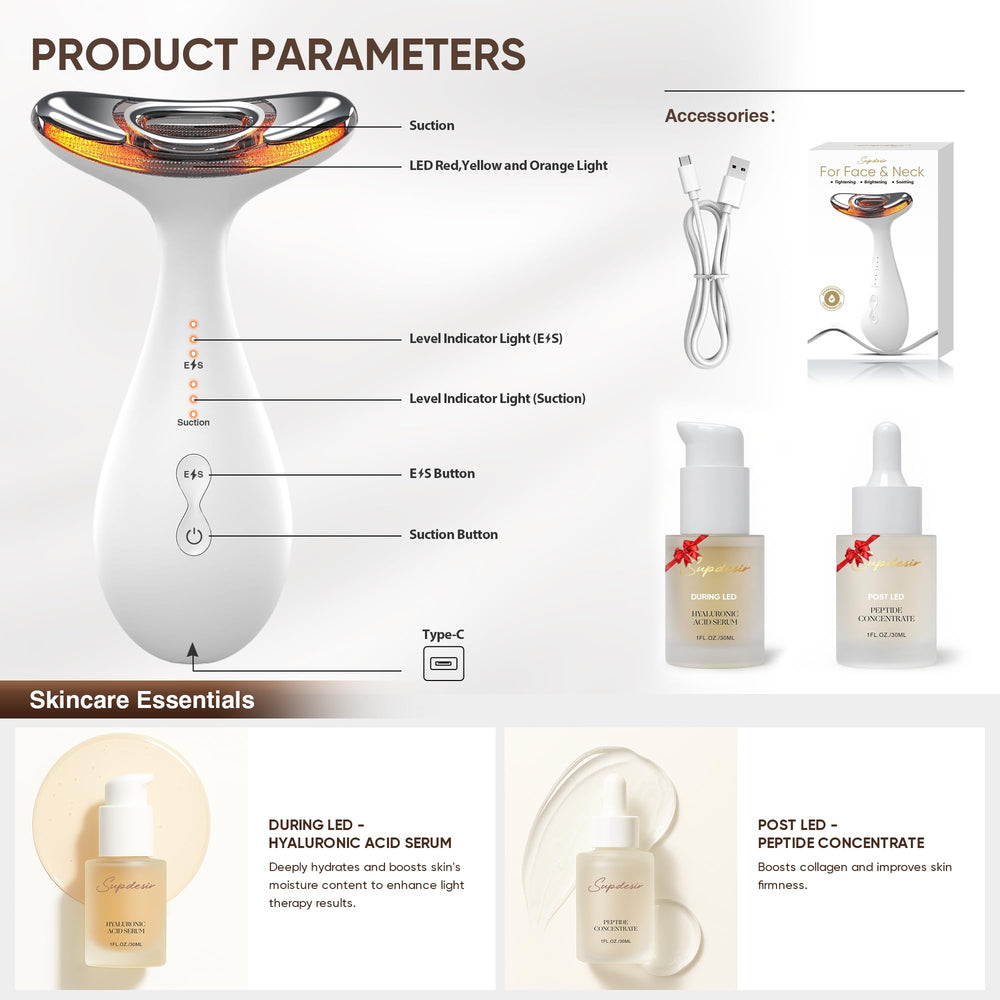 SUPDESIR serum and peptide care pack included with device.