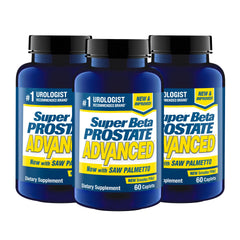 SUPER BETA PROSTATE Advanced bottle closeup with label and dosage information for daily use.