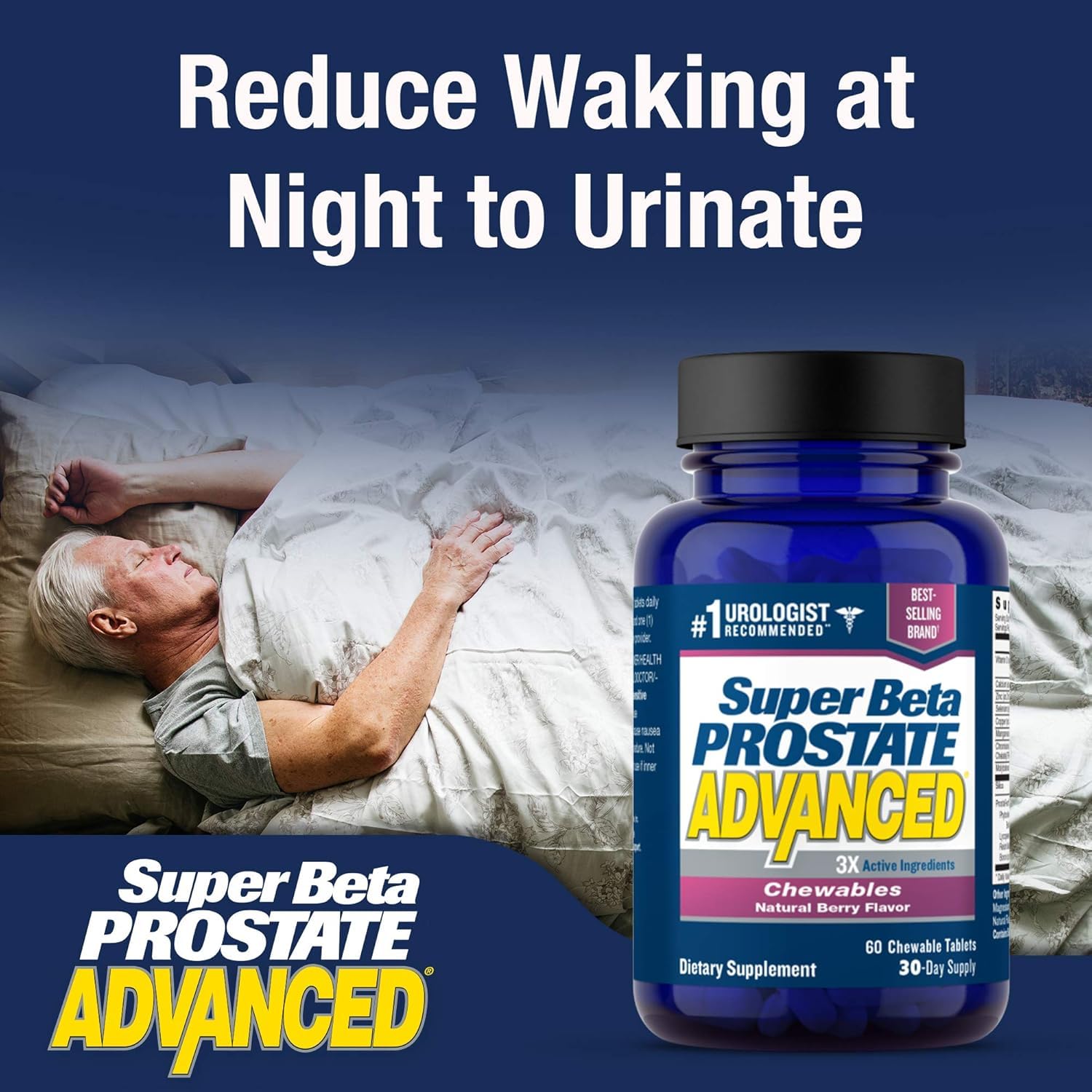 SUPER BETA PROSTATE Advanced bottle open image with chews ready to take.