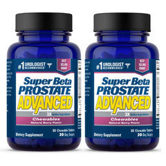 SUPER BETA PROSTATE Advanced bottle front view showing berry-flavored chewables for easy daily use.