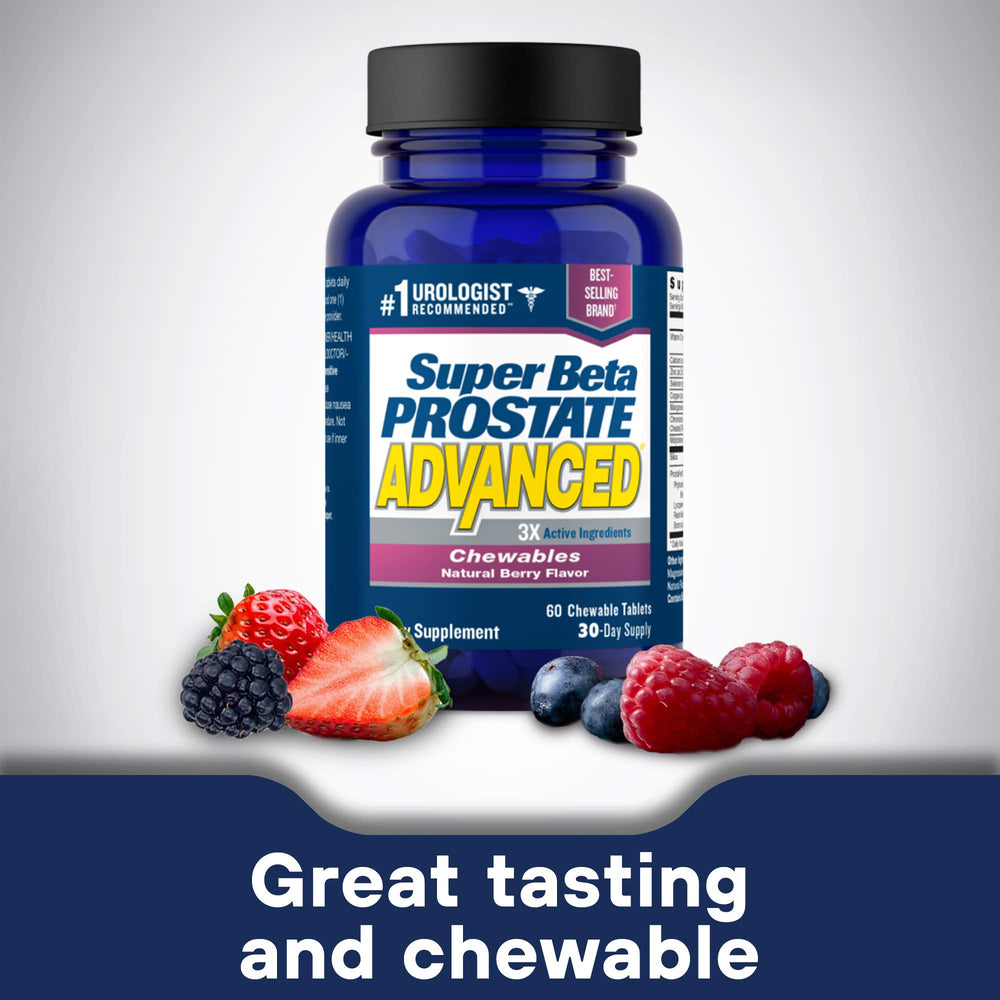 Super Beta Prostate Advanced berry-flavored chews ready for easy daily use