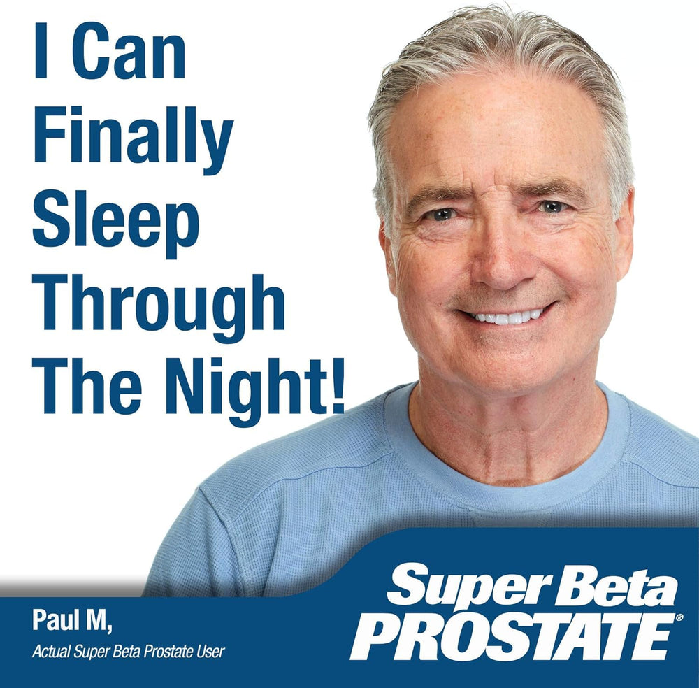 Night-use scene with Super Beta Prostate bottle suggesting support during nighttime trips.