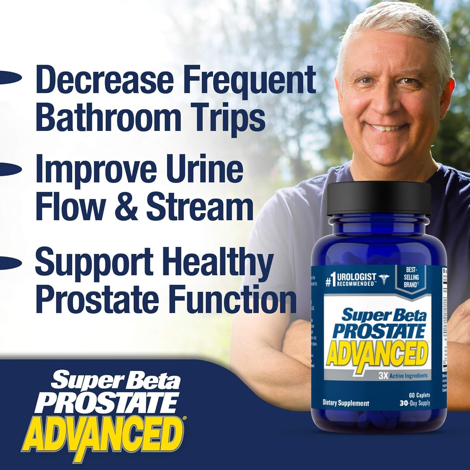 SUPER BETA PROSTATE tablets closeup shows compact caplets for convenient daily use