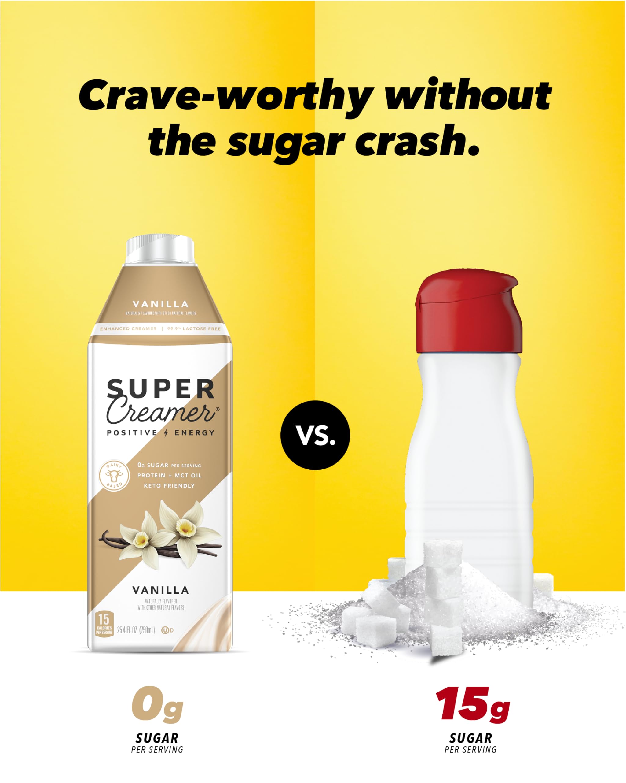SUPER COFFEE Vanilla Creamer packaging on shelf with six-pack display
