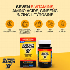 Super Macho bottle back-label highlights sugar-free and caffeine-free formula.