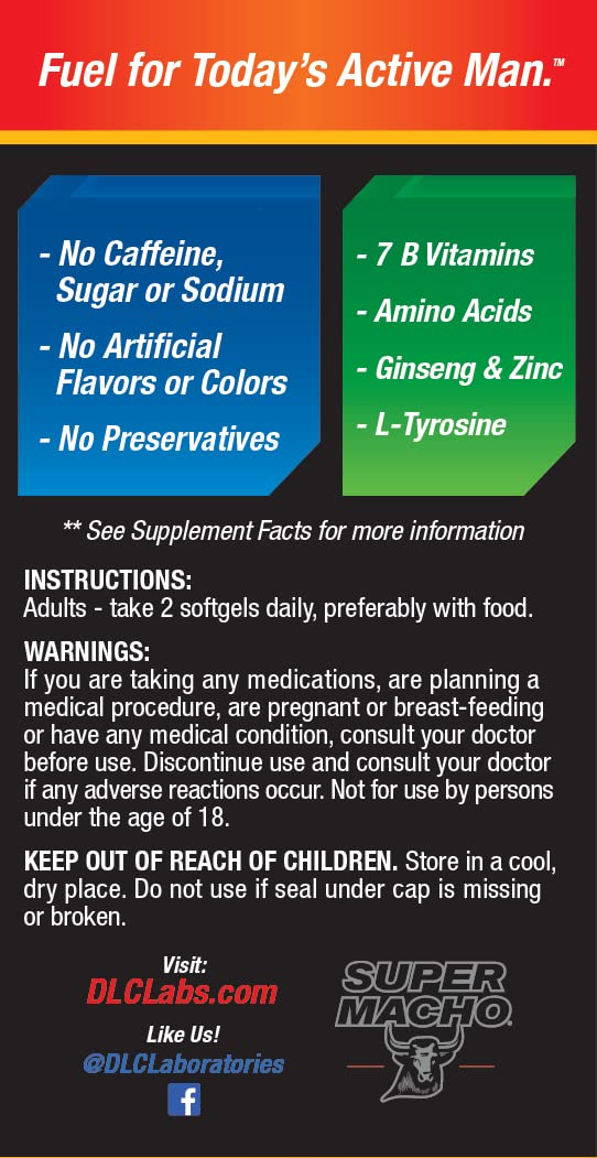Seven B vitamins label on Super Macho indicating broad nutritional support.