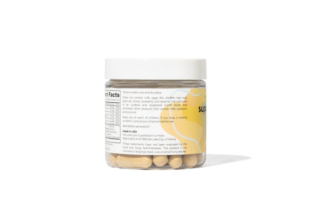 Superbloom Recovery ingredients display—DHM, turmeric, milk thistle for liver support.