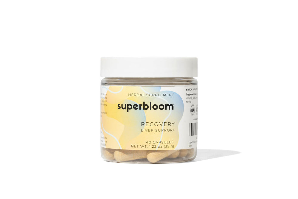 Superbloom Recovery bottle front view for convenient evening support.