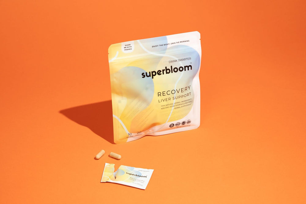 Vitamins B and C icons illustrate replenishing essential nutrients after a night out with Superbloom.