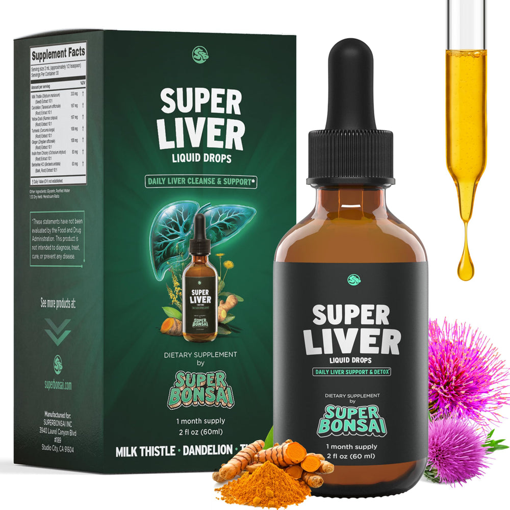 SuperBonsai Super Liver bottle with dropper for easy daily dosage and liver support.