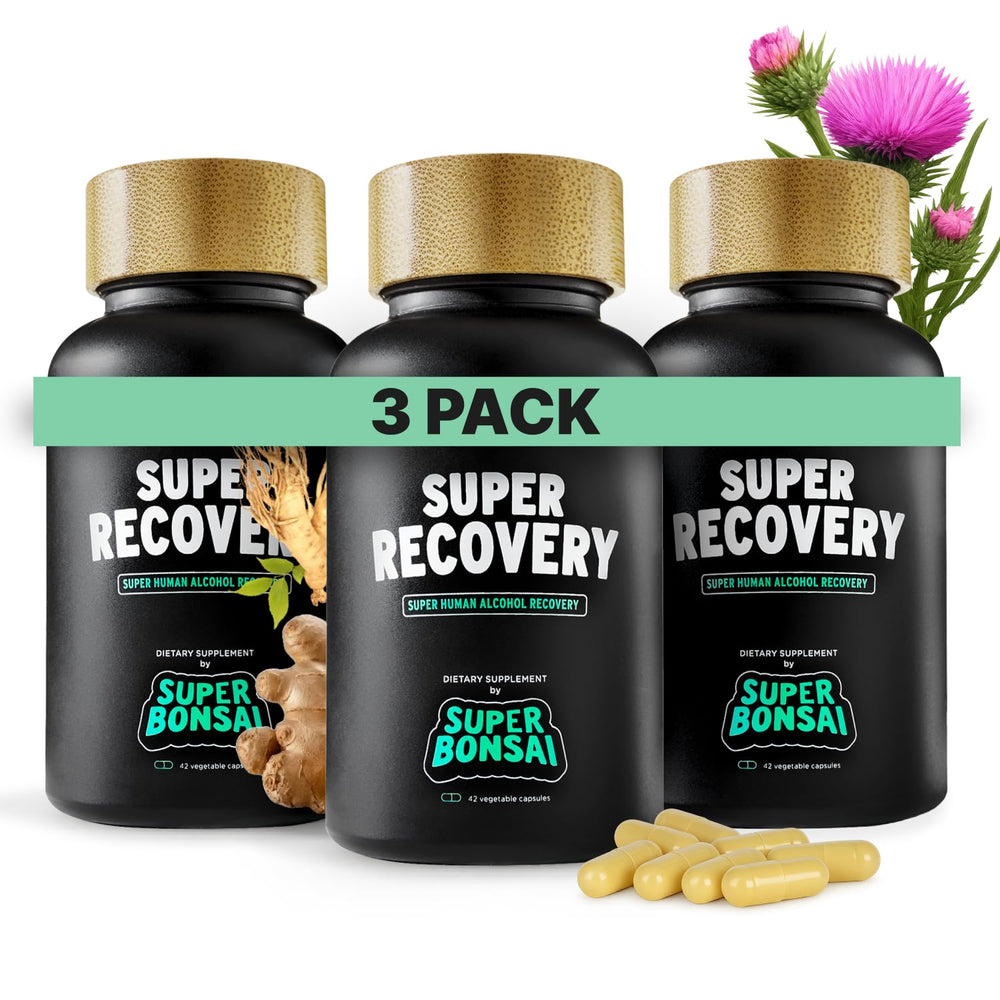 SuperBonsai Super Recovery capsules before drinking, energy support and post-event comfort.