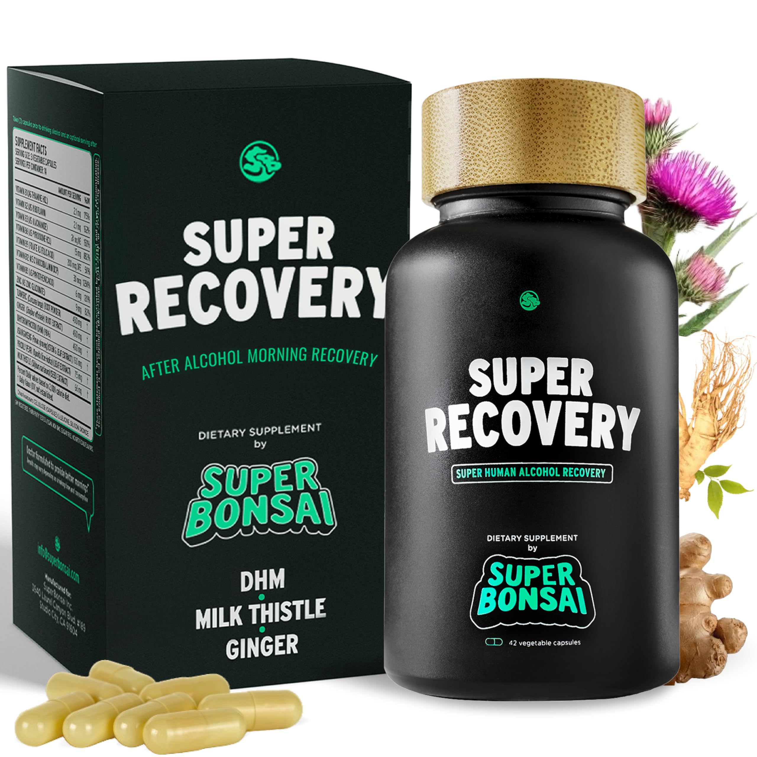 SuperBonsai Super Recovery bottle front for post-celebration support