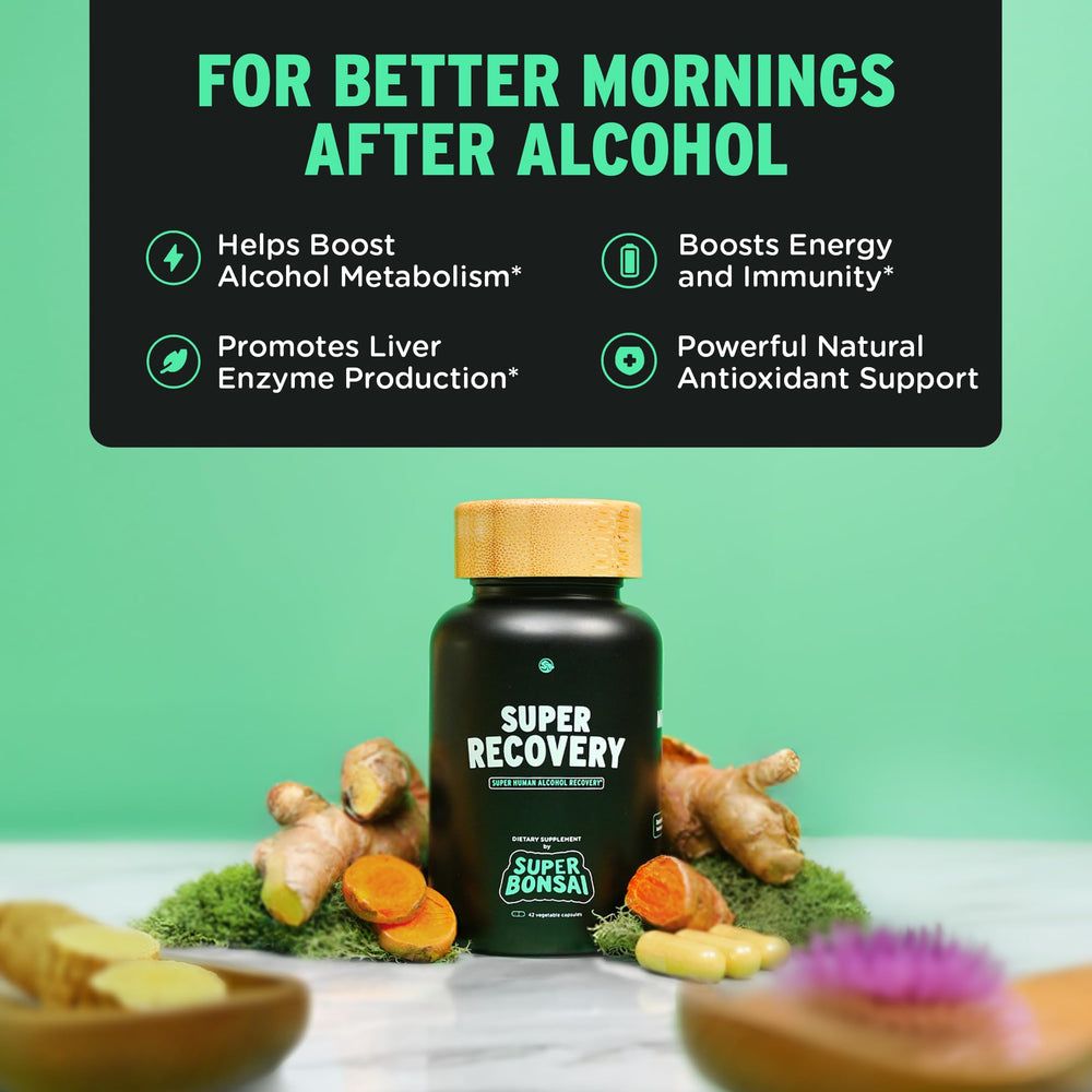 SuperBonsai Recovery capsules close-up highlighting eight natural ingredients