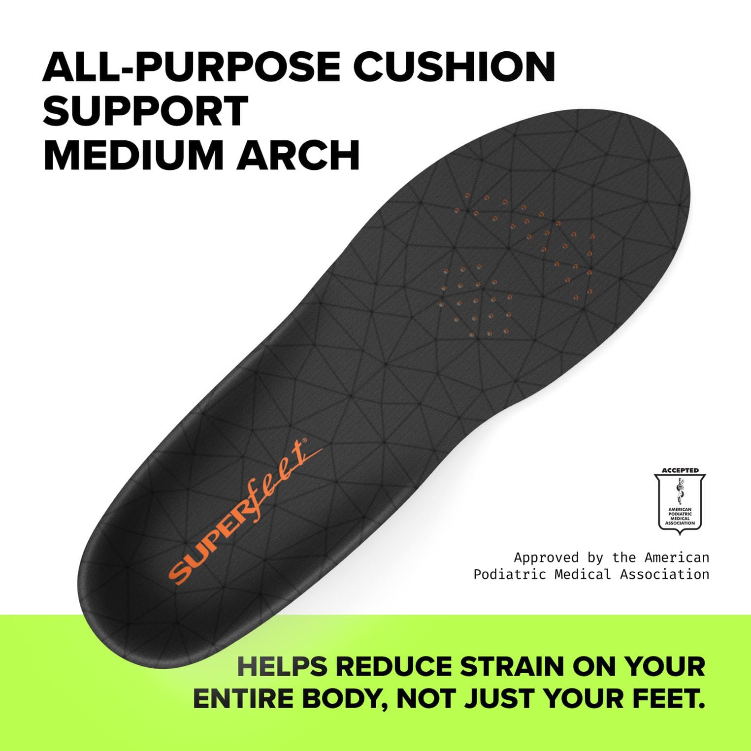 Superfeet arch-support insole shown in athletic shoes for stabilized movement.