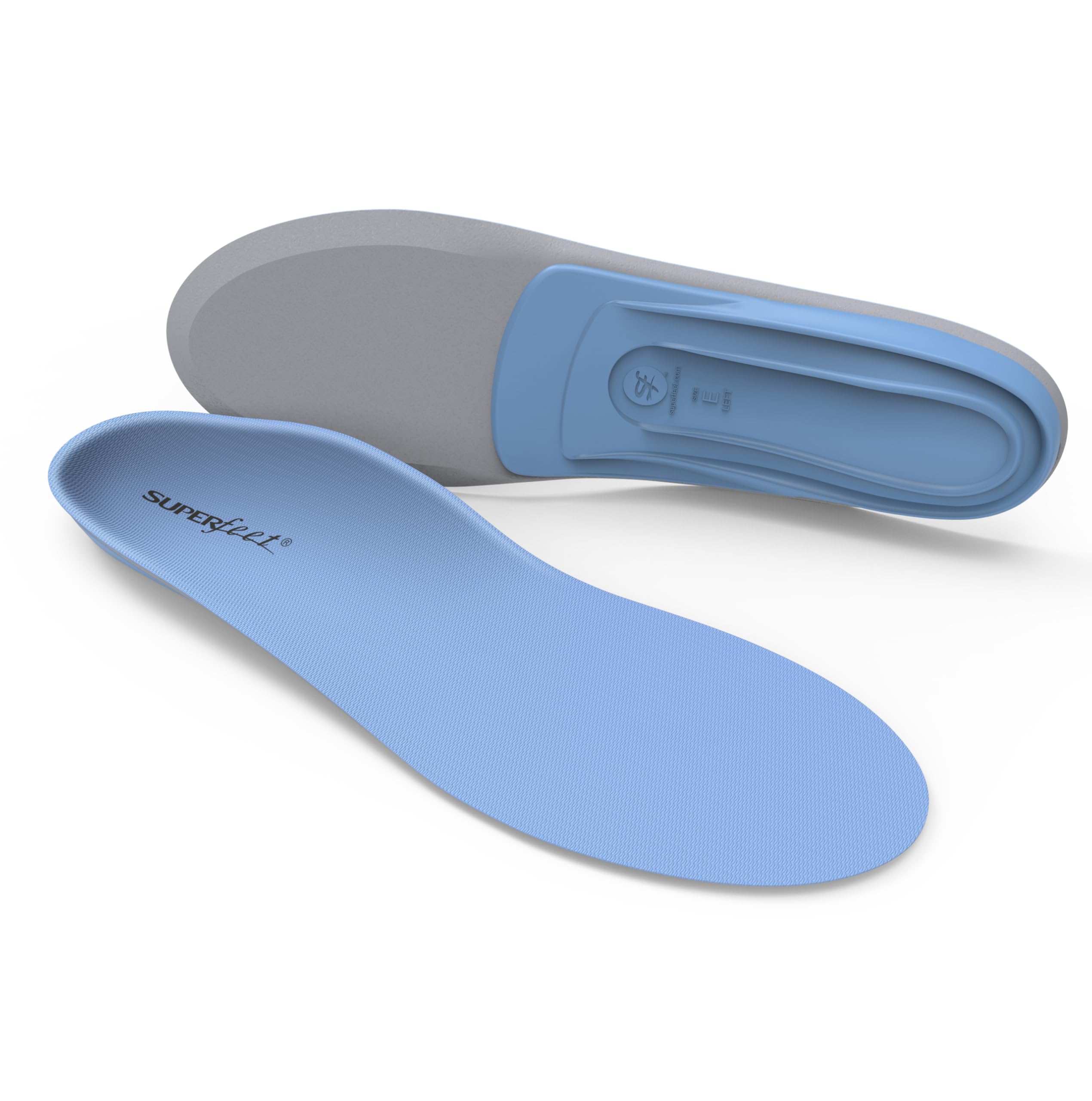 Superfeet Blue heel cradle enhances shock absorption for daily comfort.