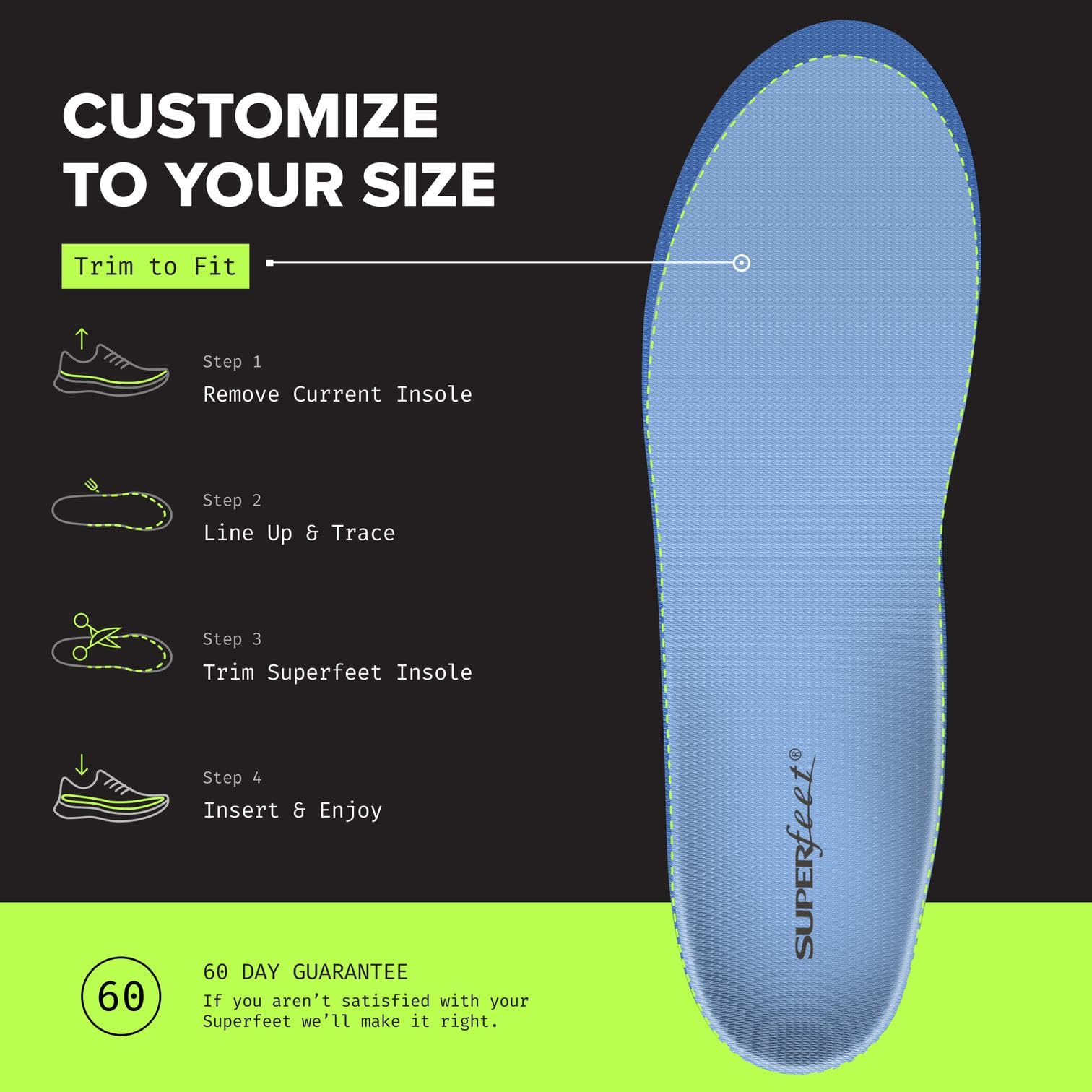 Superfeet Blue high-density foam supports the whole foot for lasting comfort.