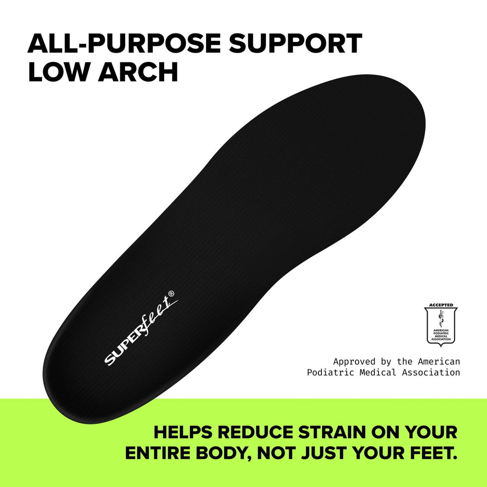 Superfeet low-arch orthotic support with a heel cup for stability.