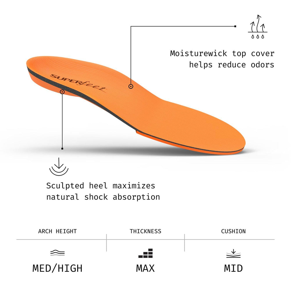 Forefoot cushioning on Superfeet Orange insoles supports dynamic movement.
