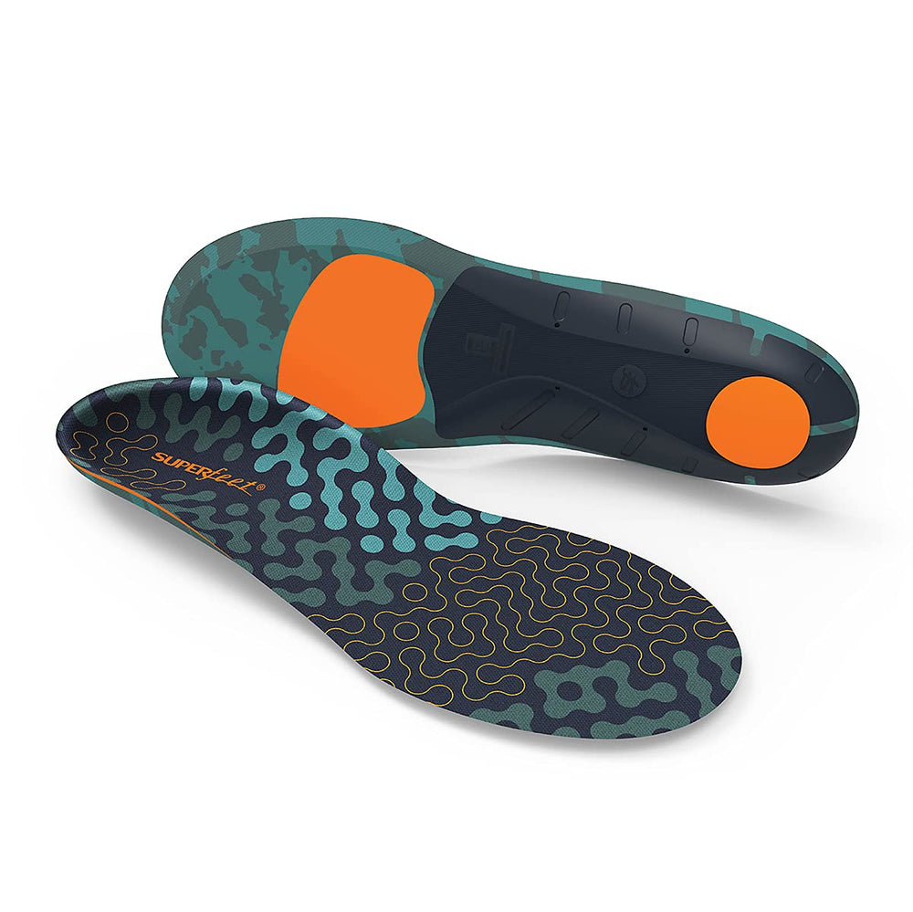 Superfeet Run Cushion High Arch insole close-up showing structured arch support for comfort.