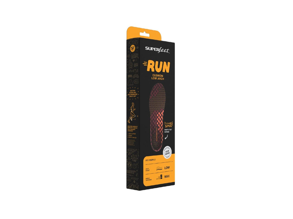 Superfeet Run Cushion Low Arch insole highlighting odor-control moisturewick for fresh feet.