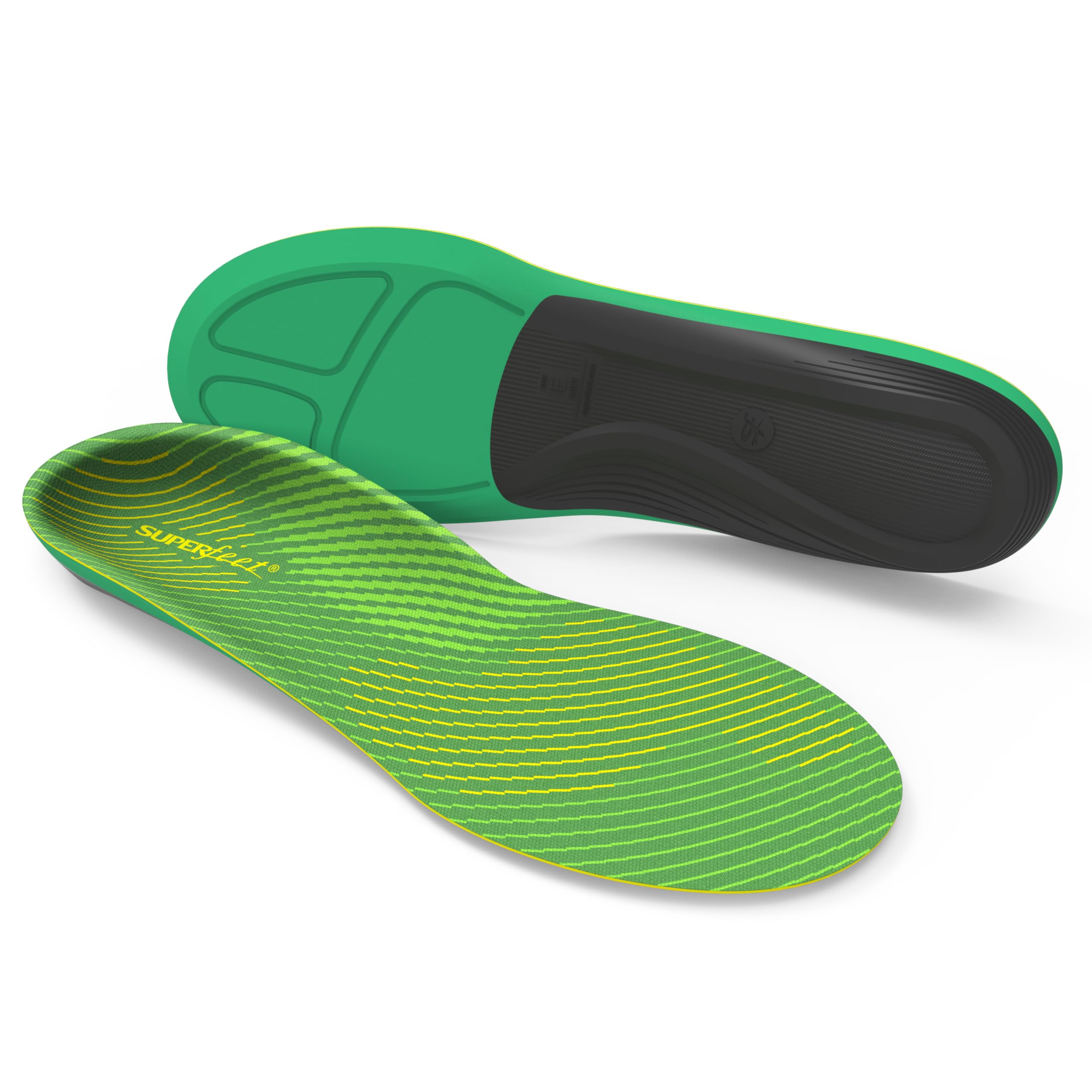 Superfeet Run Support High Arch insoles, top view, highlighting arch stability for running comfort.