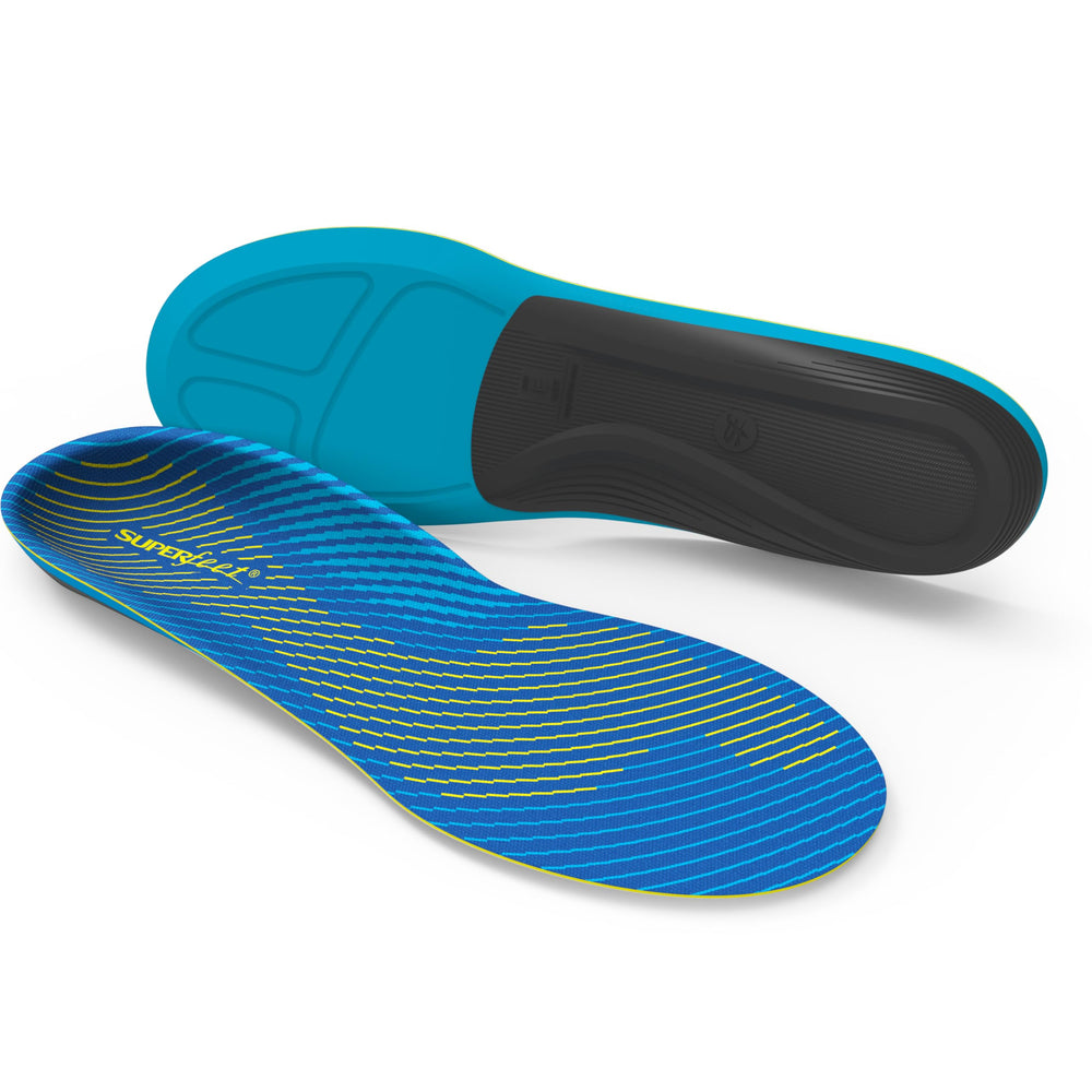 Superfeet Run Support insoles with medium arch for stabilized foot strike during runs, reducing fatigue.