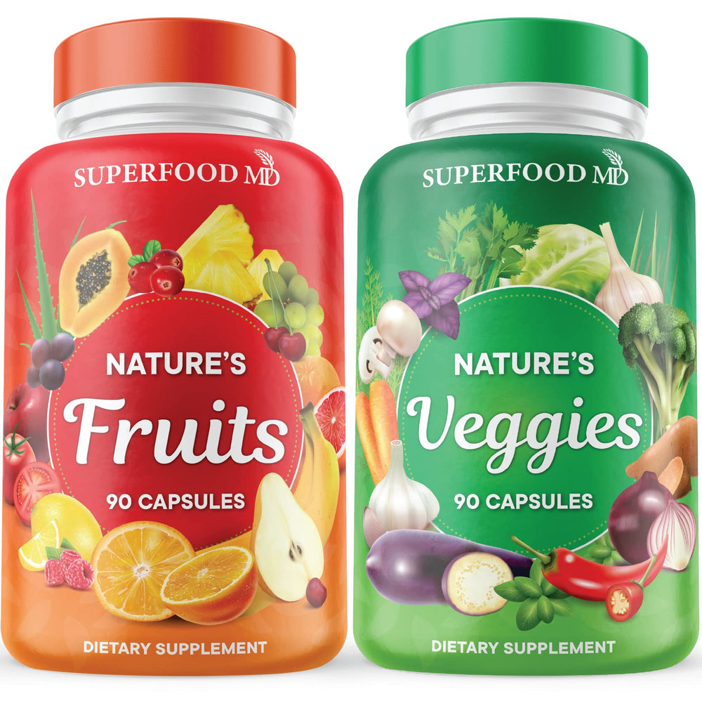 Superfood MD Fruits and Veggies capsules, 90-count two-pack for convenient daily nutrition.