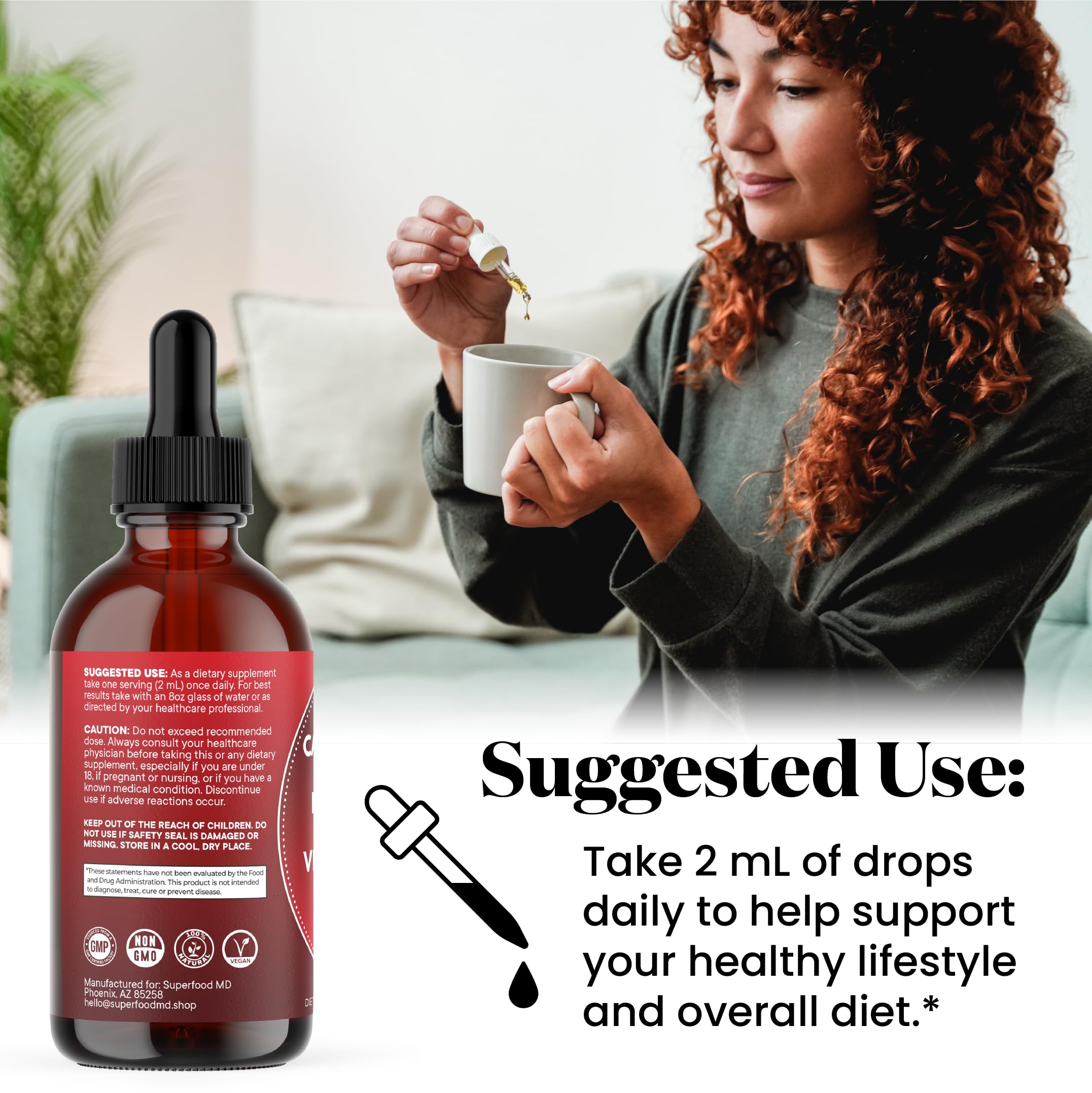 Superfood MD ginseng berberine drops bottle indicates plant-based daily vitality