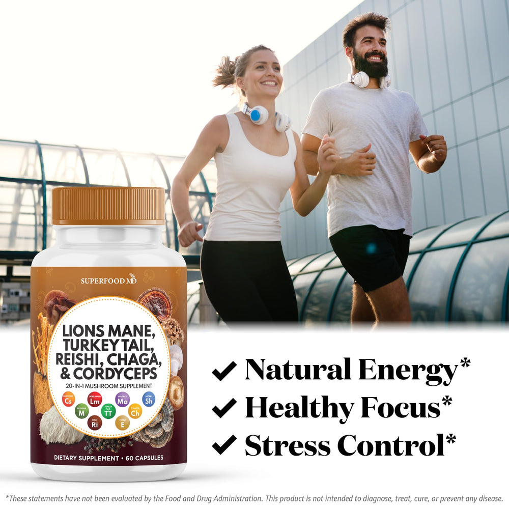 Label features Reishi, Cordyceps and Chaga components in capsules for daily wellness