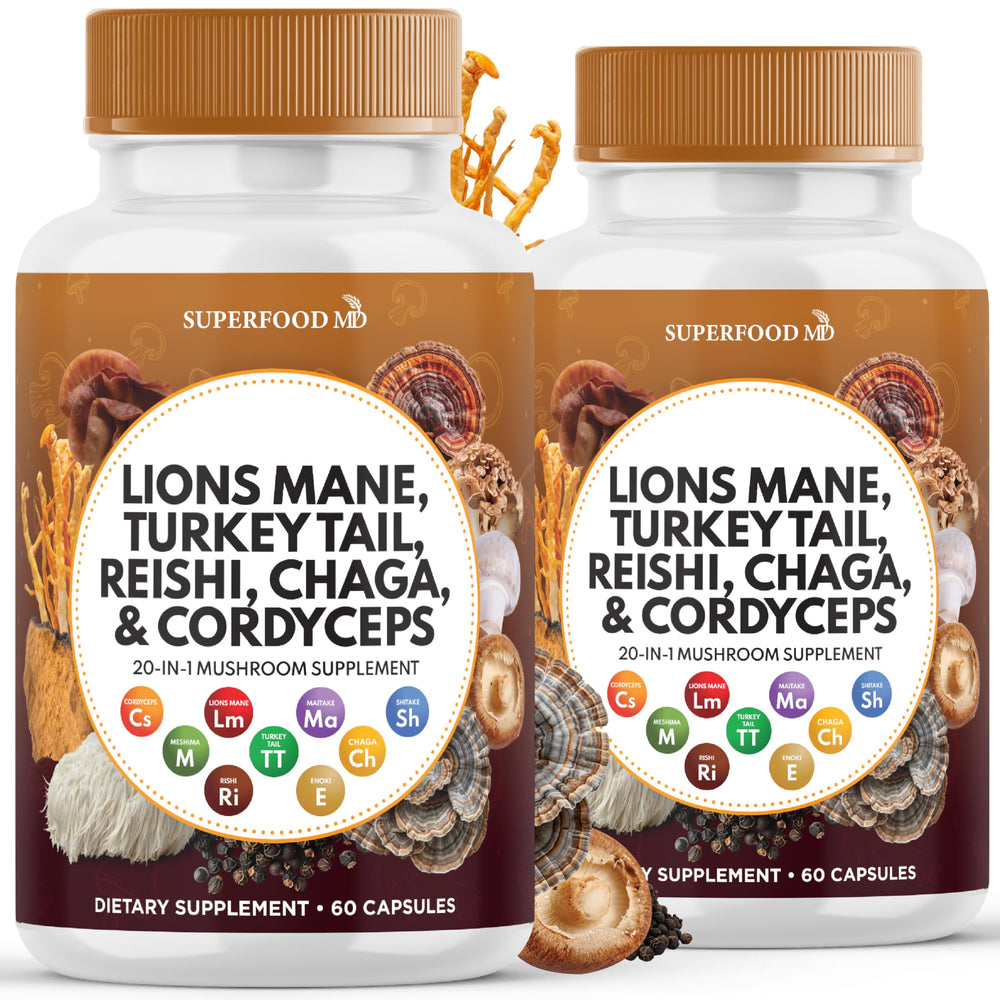 Superfood MD Lions Mane bottle shows turkey tail blend for daily focus