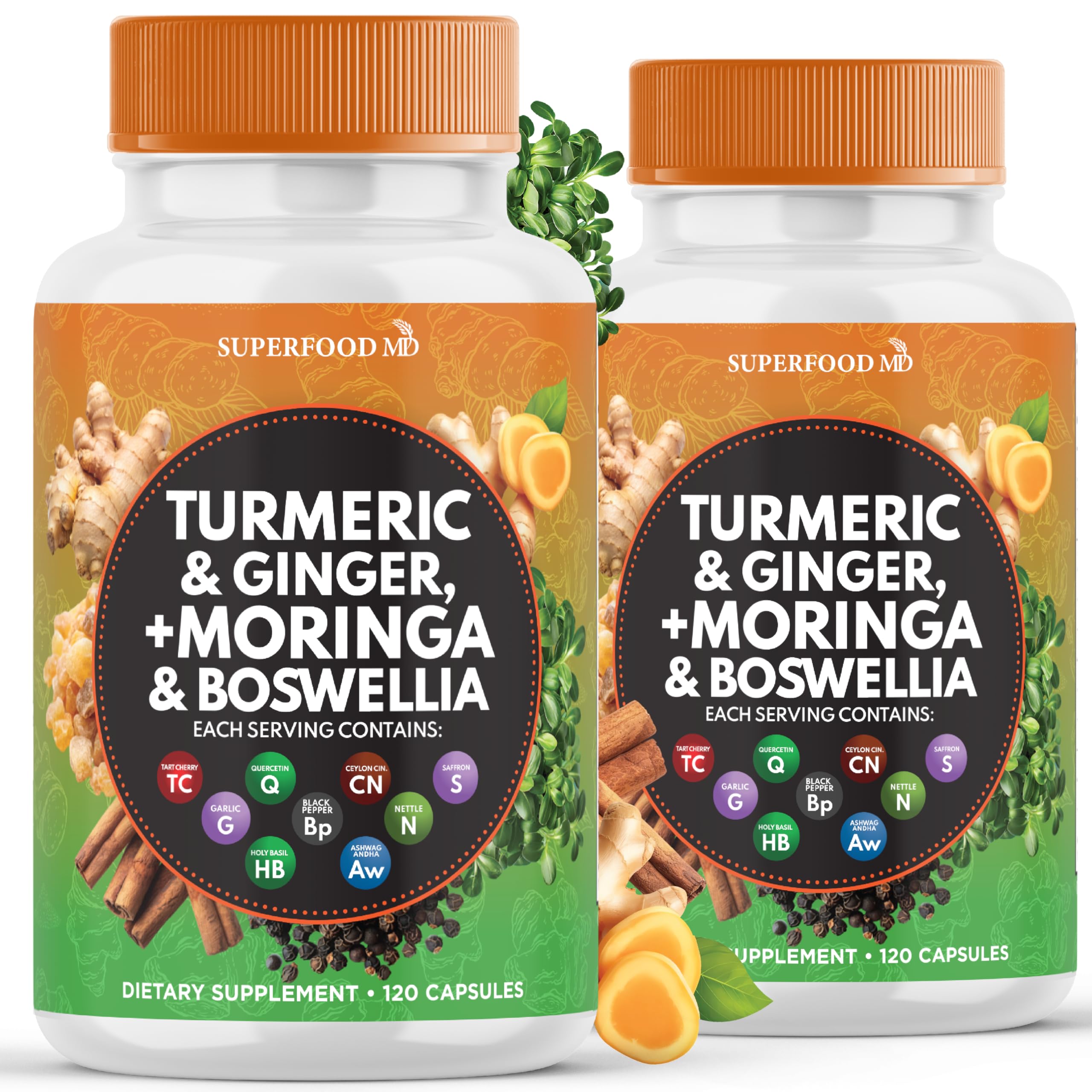 Superfood MD turmeric moringa bottle for daily joint support