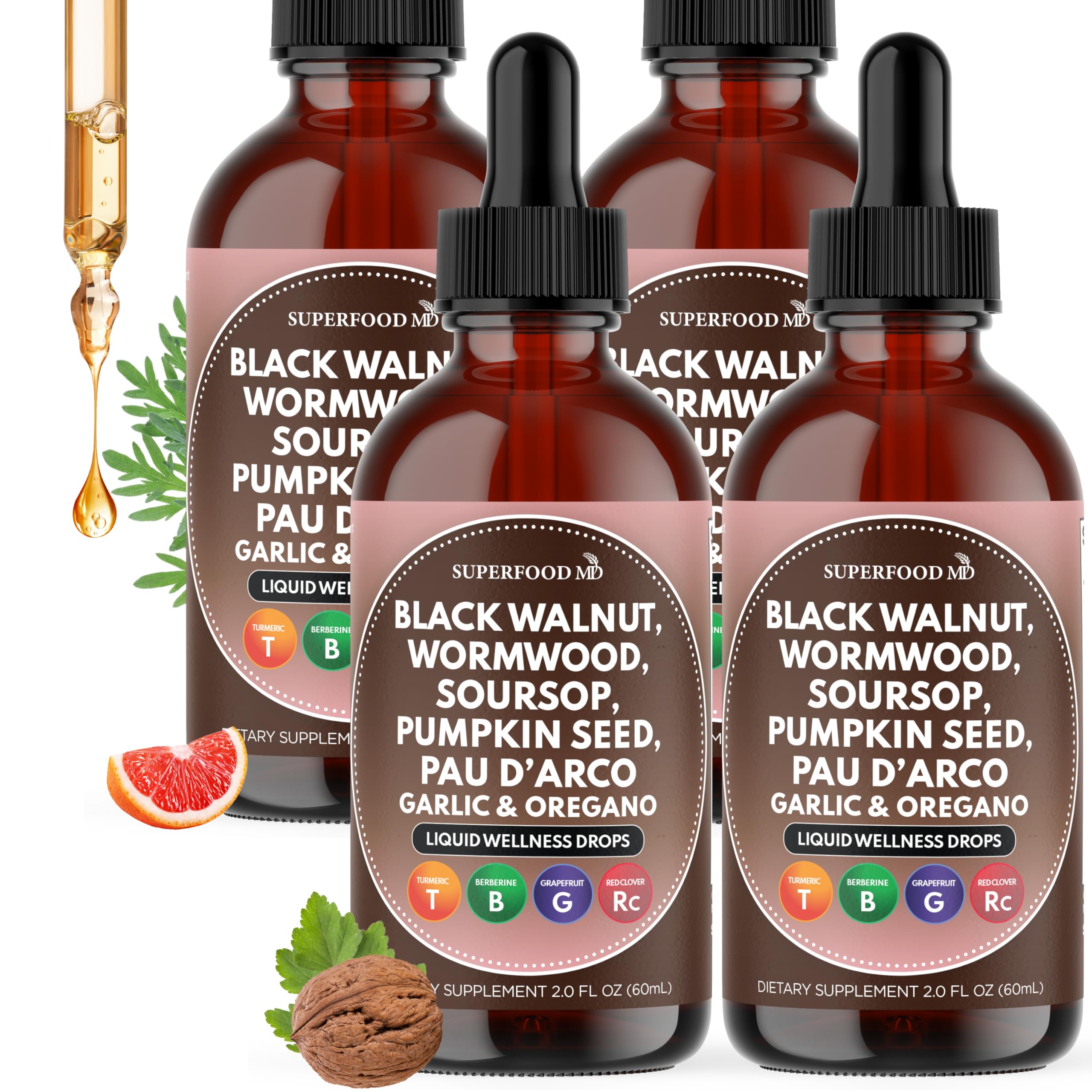Superfood MD Wormwood Black Walnut Cleanse bottle pour for convenient daily use and digestive balance.