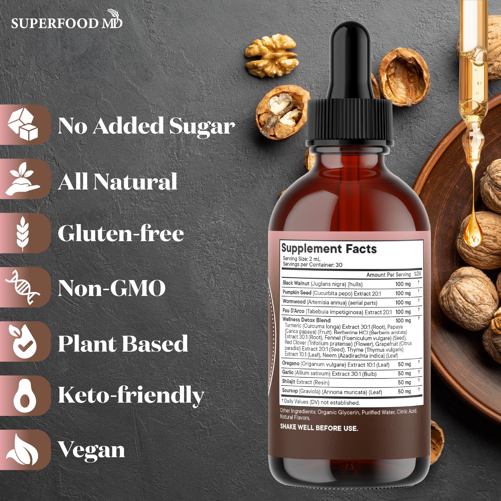 Superfood MD Wormwood Black Walnut Cleanse cap closeup indicates secure packaging.