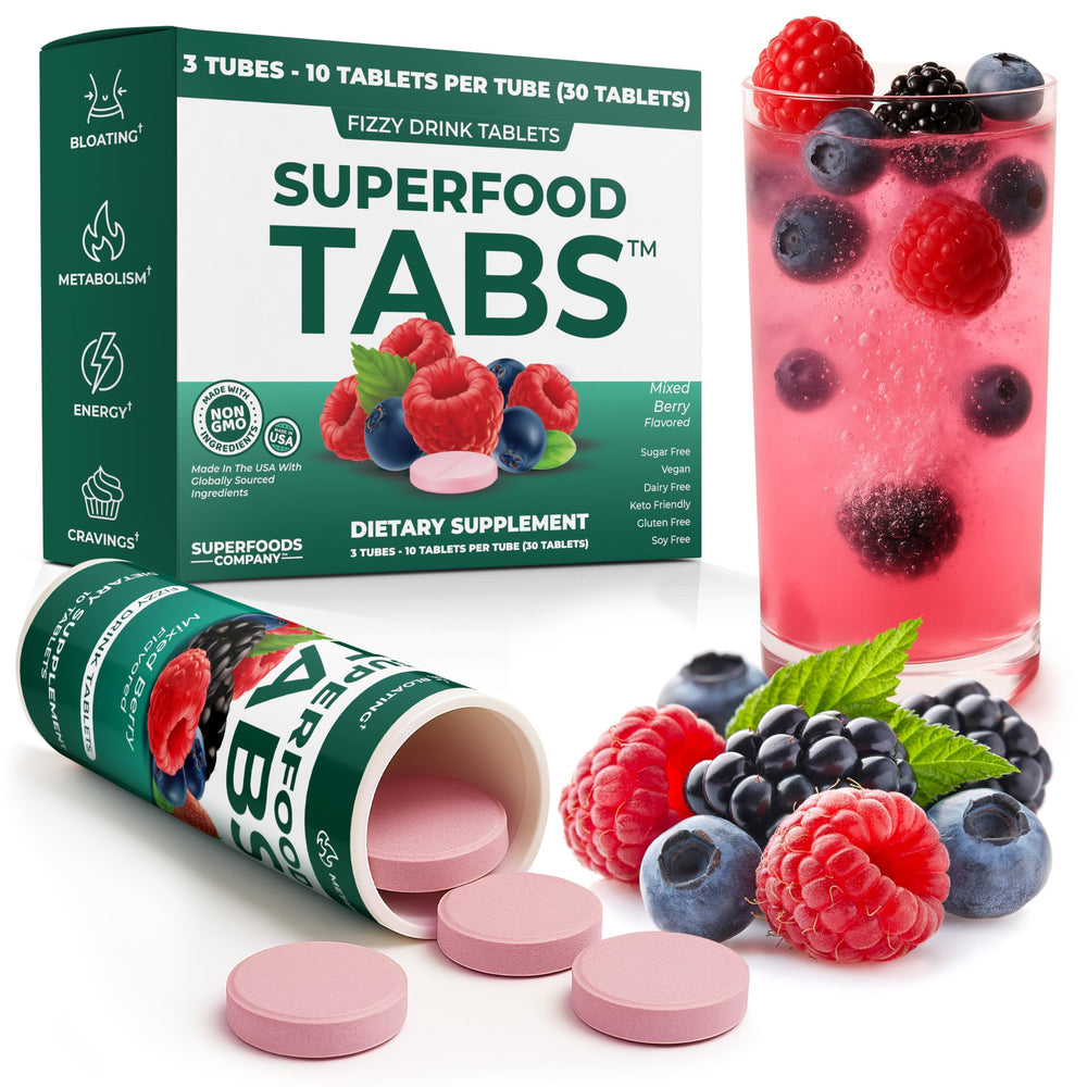 Superfood Tabs detox drink bottle in mixed berry flavor supports daily wellness