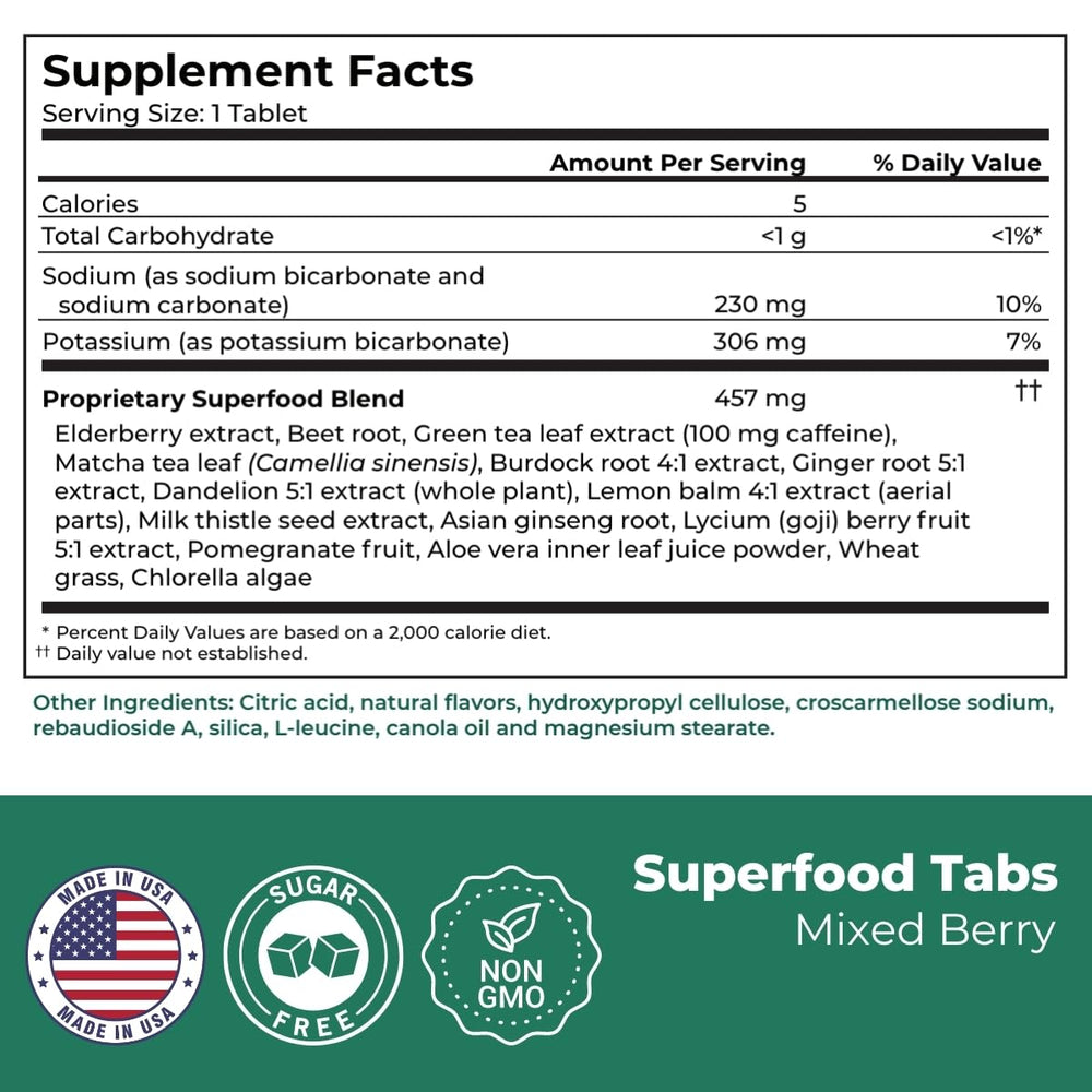 Close-up of the label showing berry flavor hints from Superfood Tabs detox drink