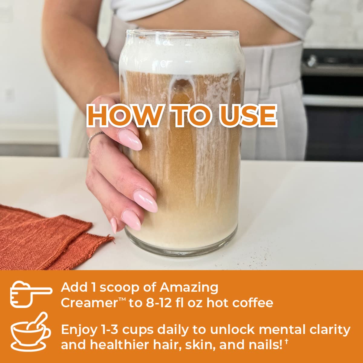 Amazing Creamer collagen pour into cup showing collagen and MCT oil benefits