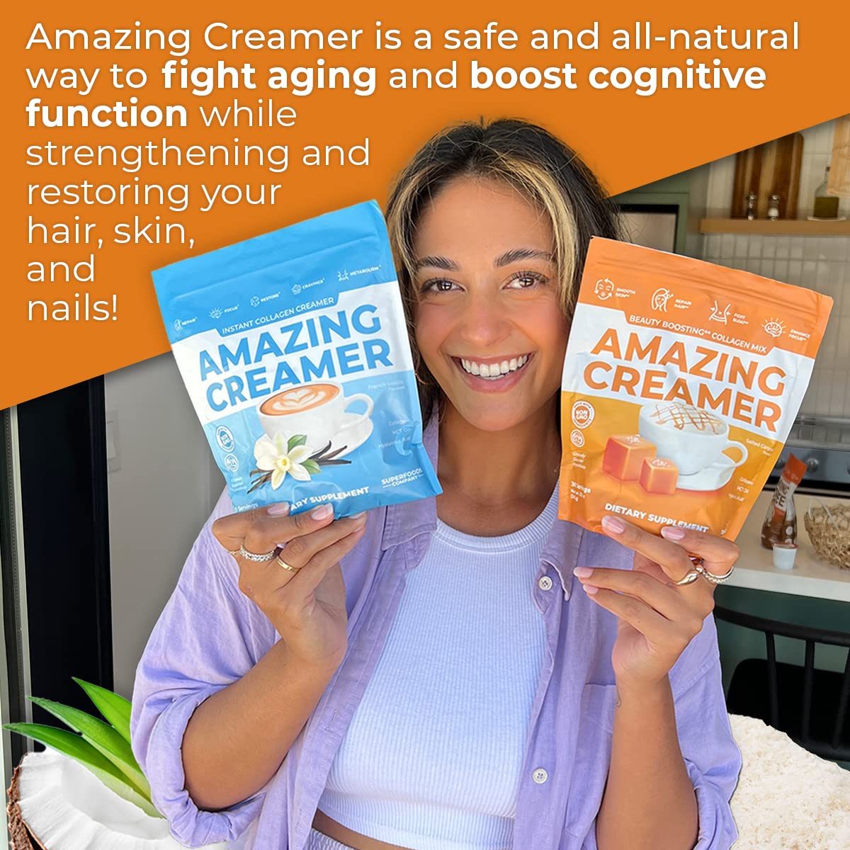 Creamer jar highlights skin elasticity and hair support benefits