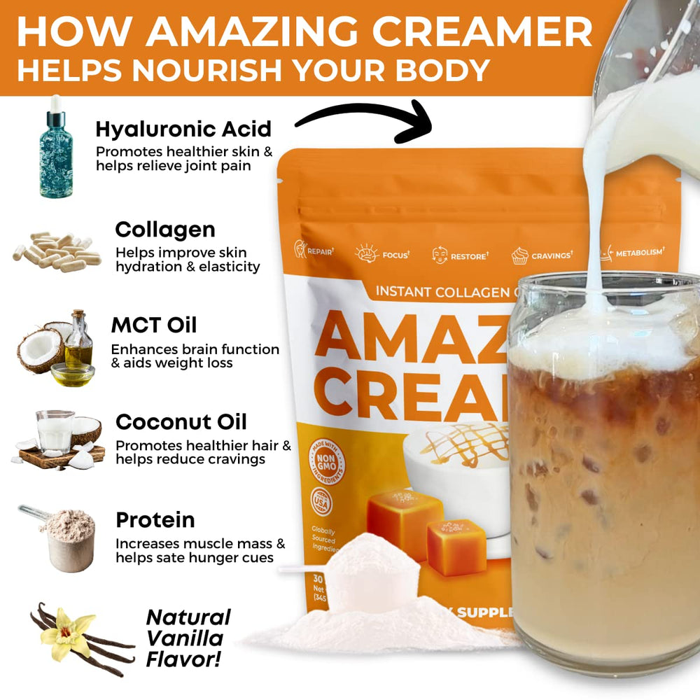 Close-up of ingredients label featuring collagen, MCT oil, and hyaluronic acid