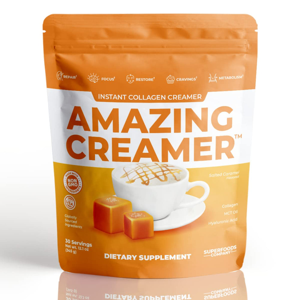 Superfoods Company Amazing Creamer bottle with salted caramel flavor for keto coffee