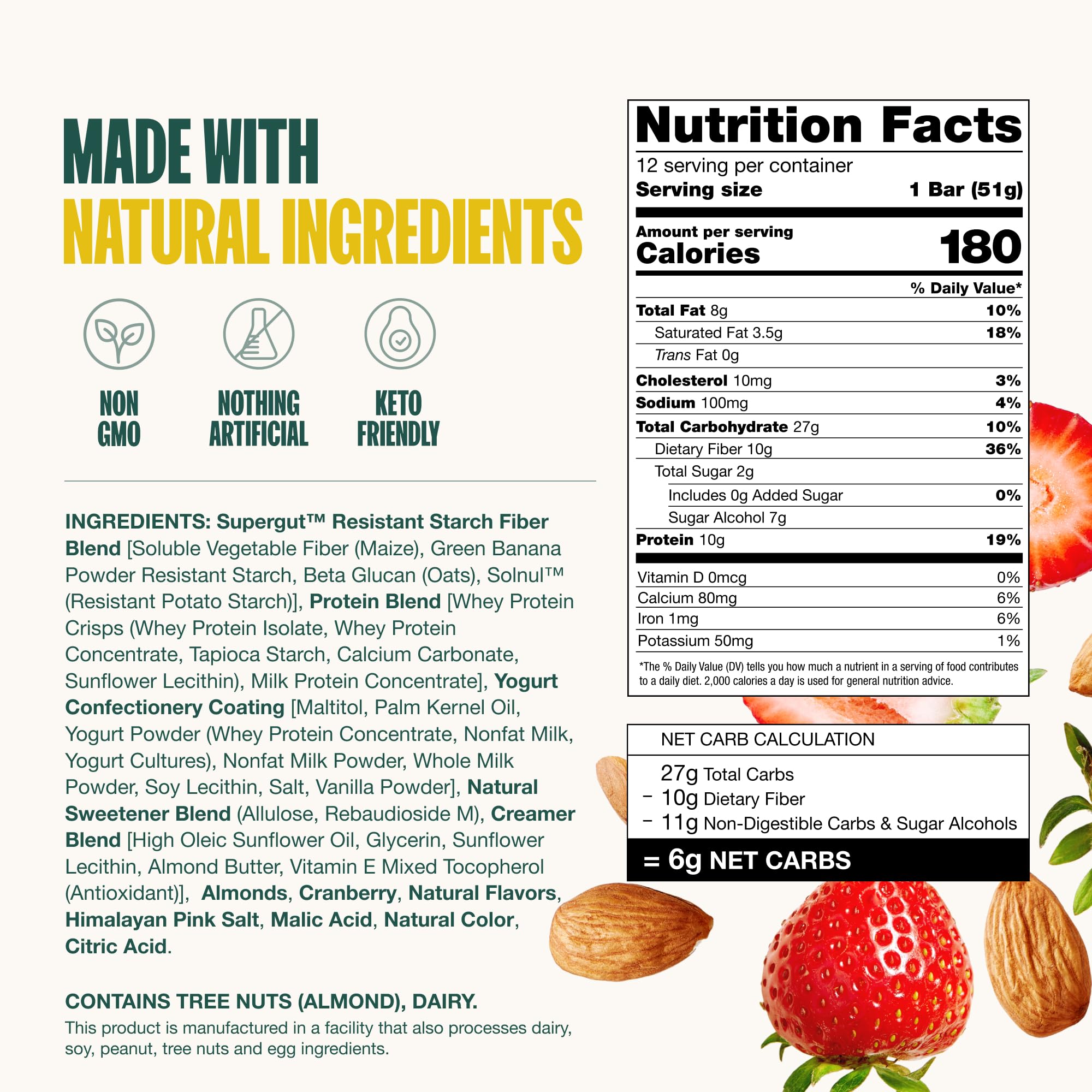Non-GMO, keto-friendly, soy-free label reinforces dietary choices.
