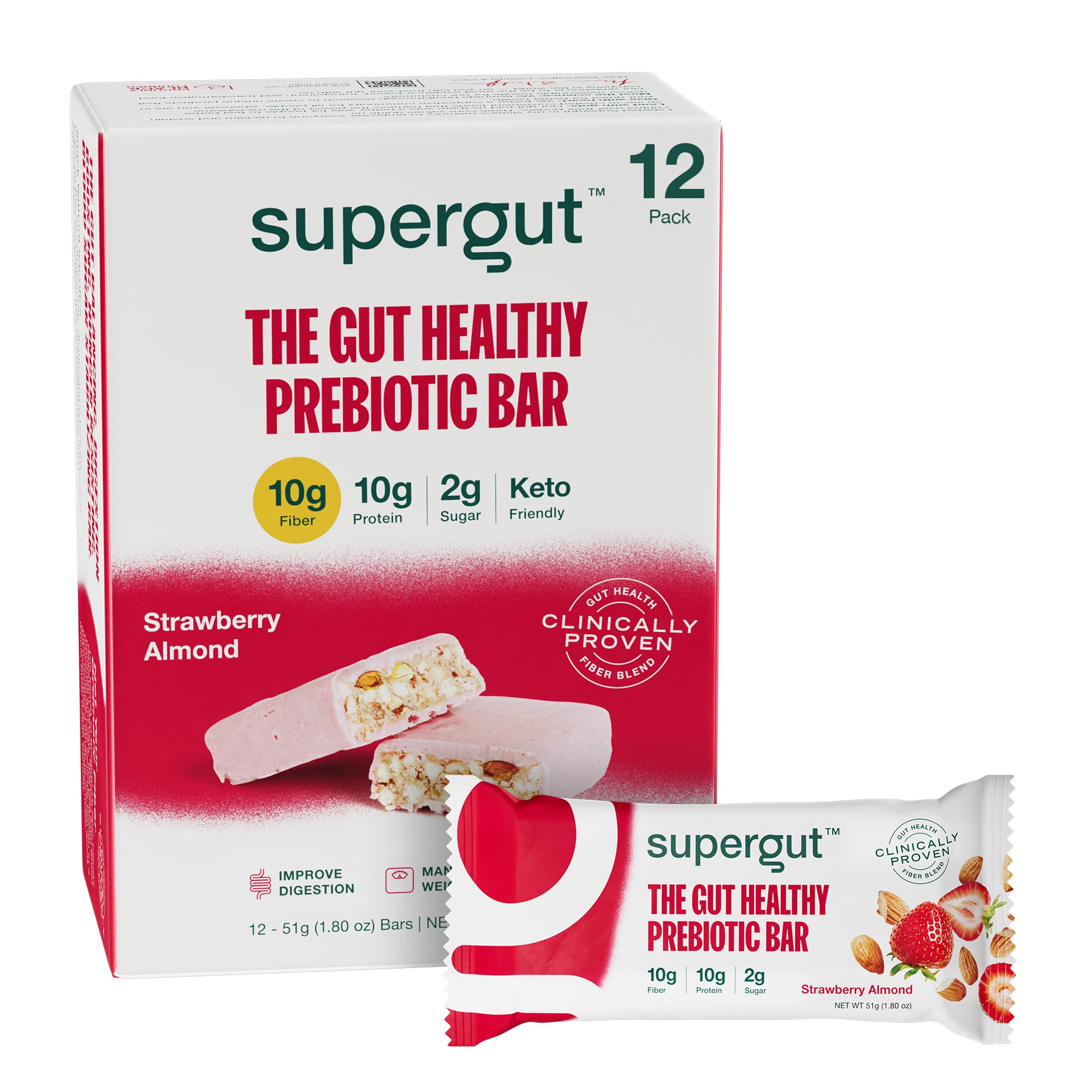 Supergut GLP-1 boosting bar strawberry almond front packaging, ideal for on-the-go cravings.