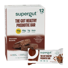 Supergut GLP-1 bars chocolate brownie packaging for a convenient gut-friendly snack.