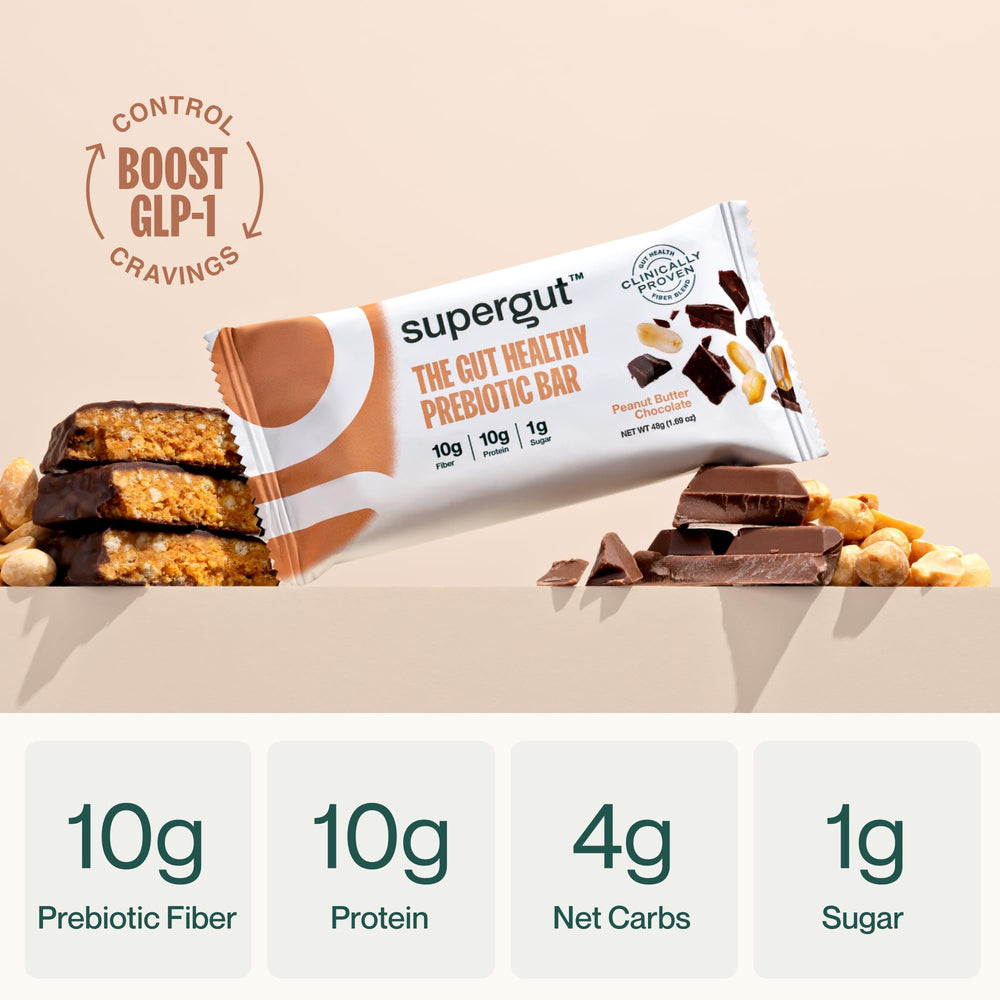 Close-up of Supergut GLP-1 Boosting Bar peanut butter chocolate texture and protein content.